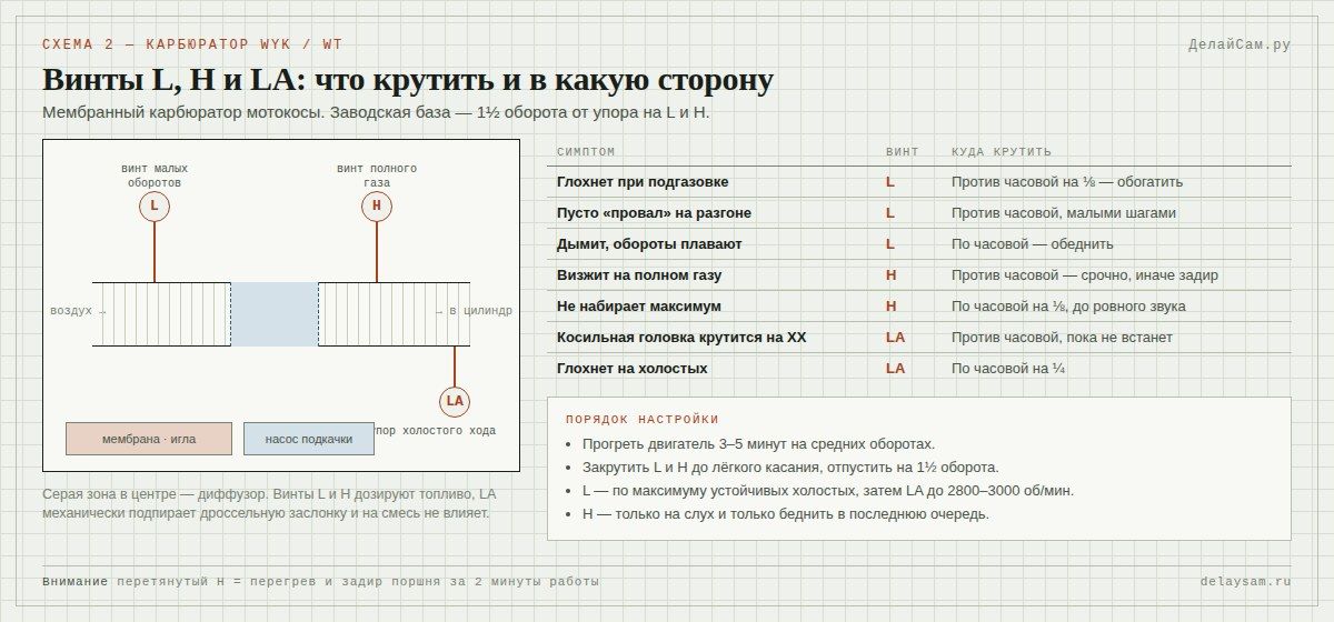 Винты L, H и LA карбюратора мотокосы: назначение и регулировка