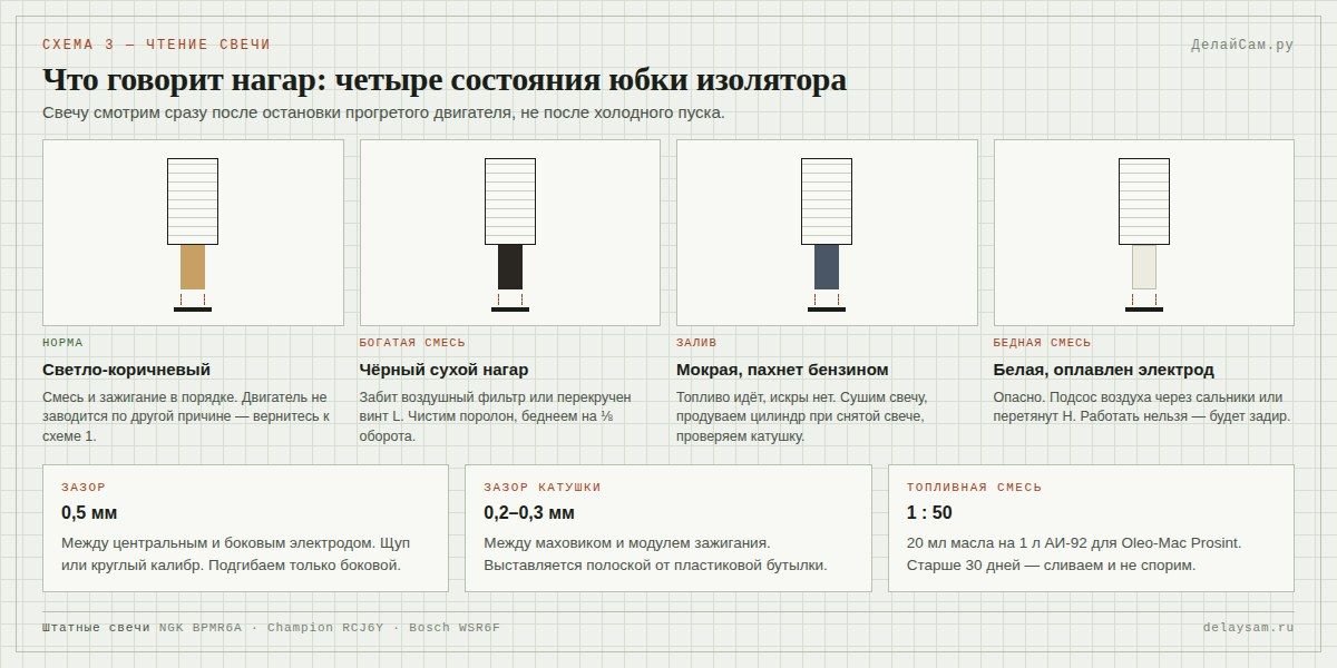 Нагар на свече мотокосы: норма, богатая смесь, залив, бедная смесь