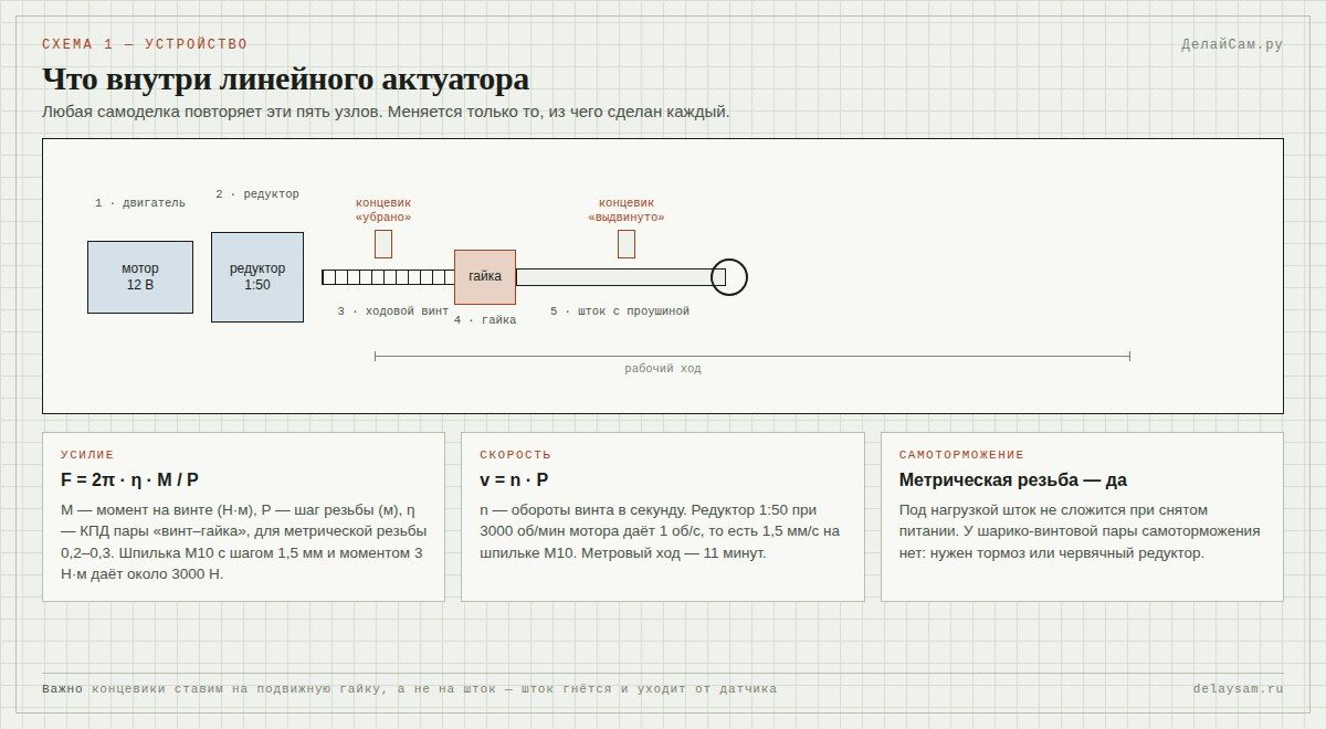 Устройство линейного актуатора: мотор, редуктор, ходовой винт, гайка, шток