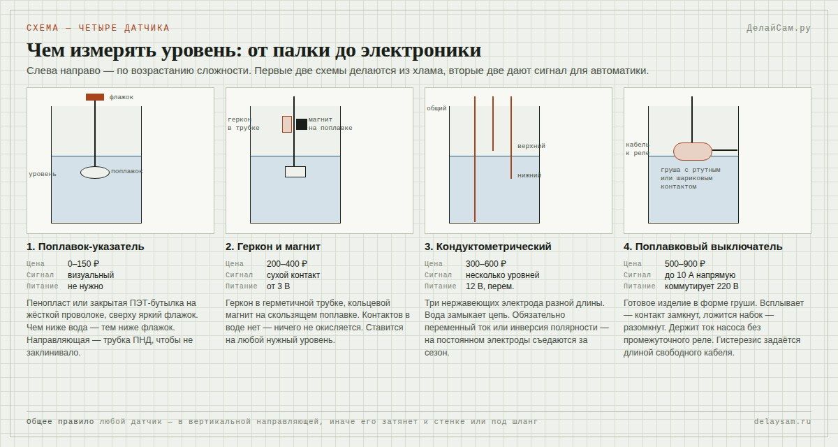 Четыре способа контроля уровня воды в бочке: поплавок, геркон, электроды, поплавковый выключатель