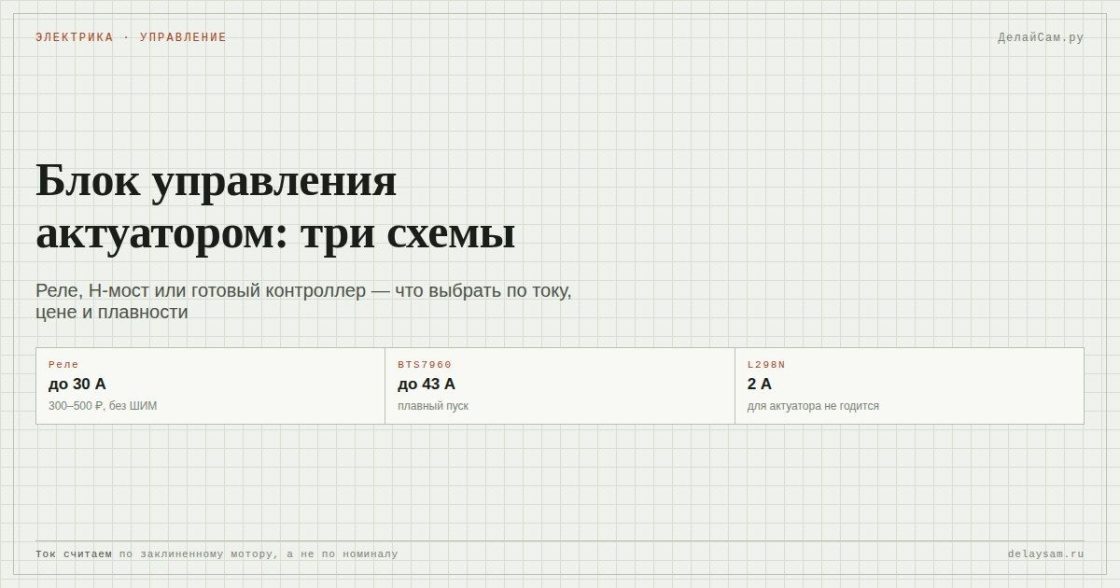 Блок управления актуатором: реле, H-мост, кнопки — три схемы