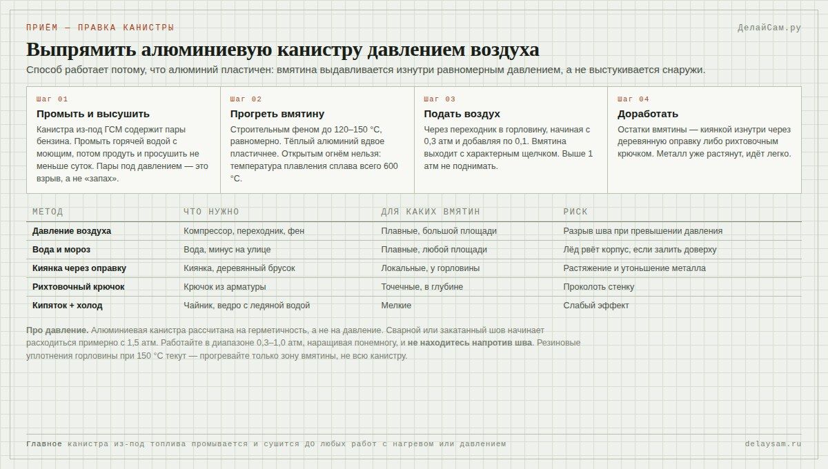 Как выпрямить мятую алюминиевую канистру давлением воздуха