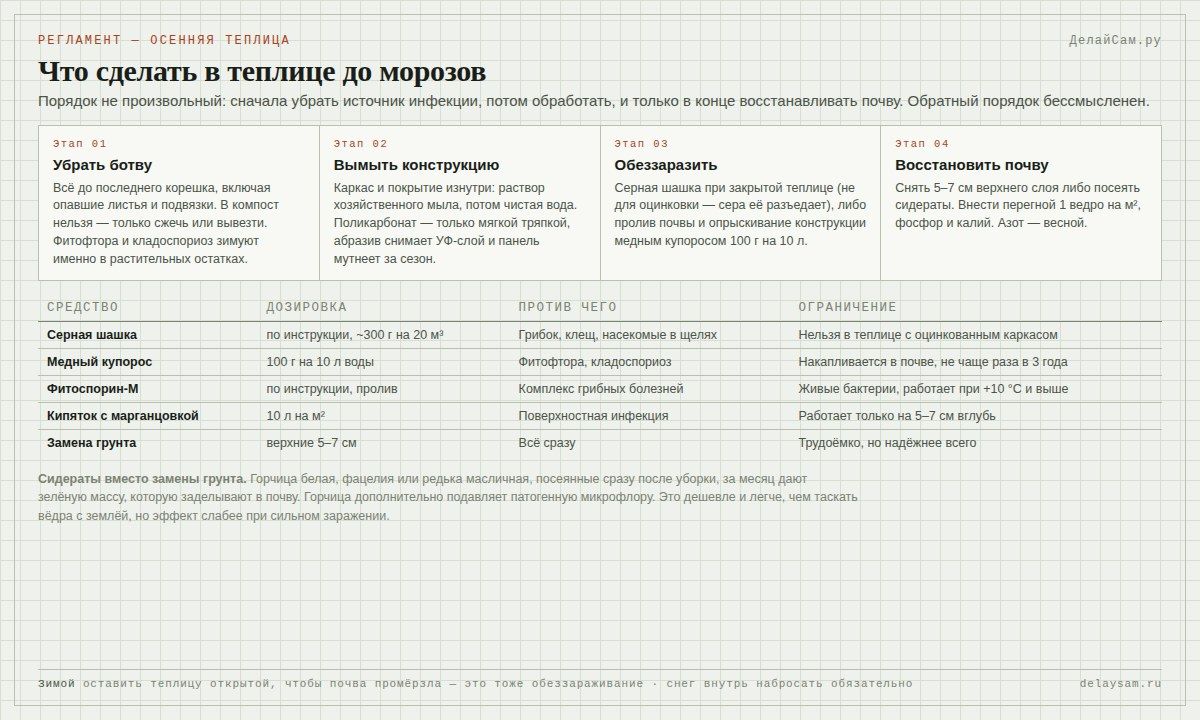 Подготовка теплицы к осени: уборка ботвы, мойка, обеззараживание и восстановление почвы