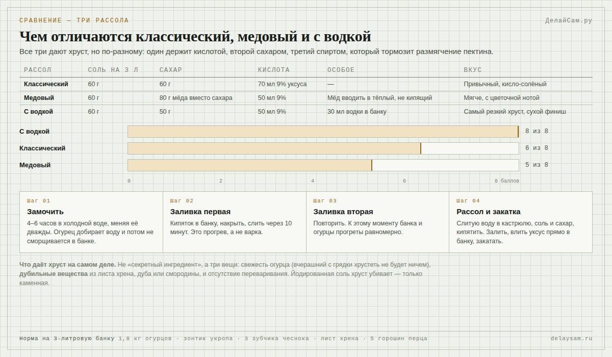 Три рассола для хрустящих огурцов: классический, медовый и с водкой