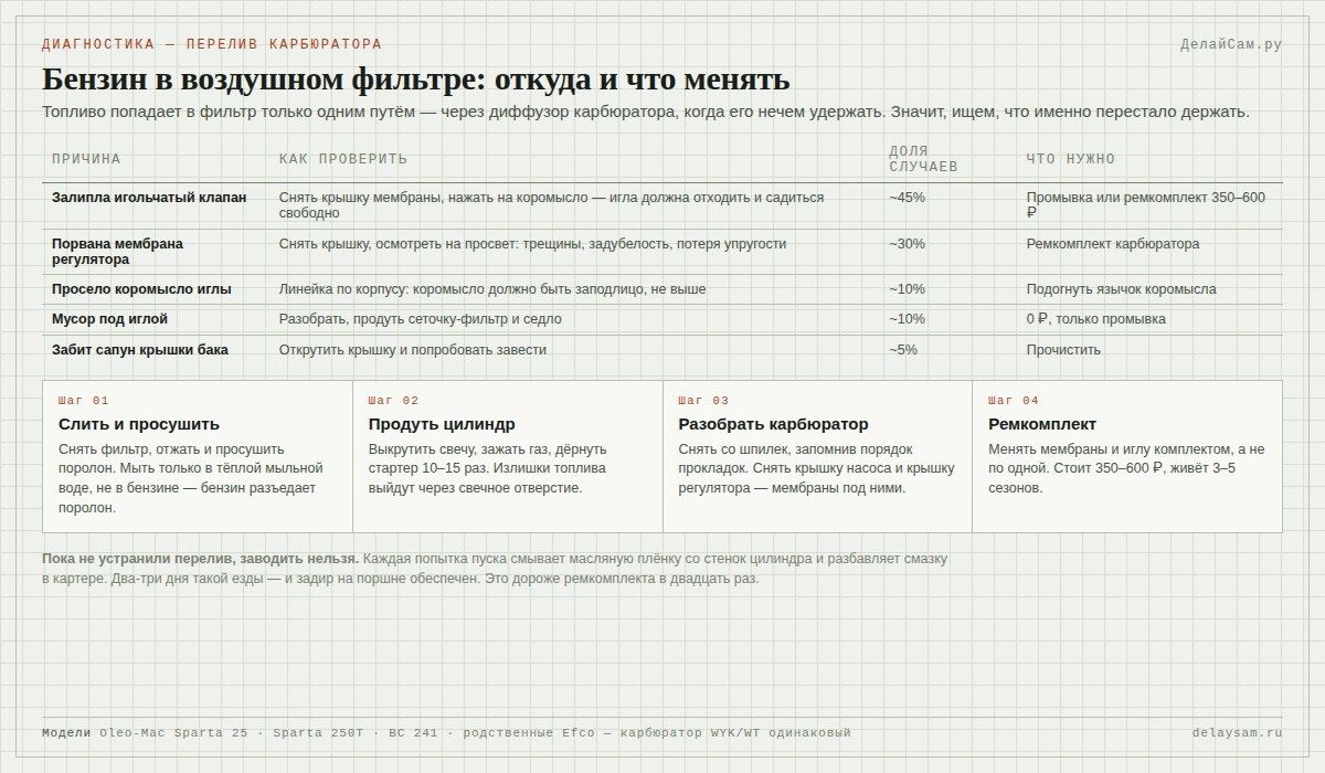 Oleo-Mac Sparta 250T: бензин в воздушном фильтре, причины и ремонт карбюратора