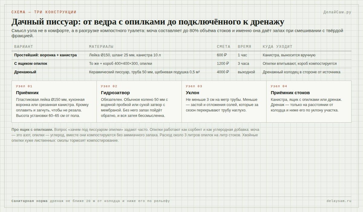 Писсуар для дачи своими руками: три конструкции, гидрозатвор и ящик с опилками